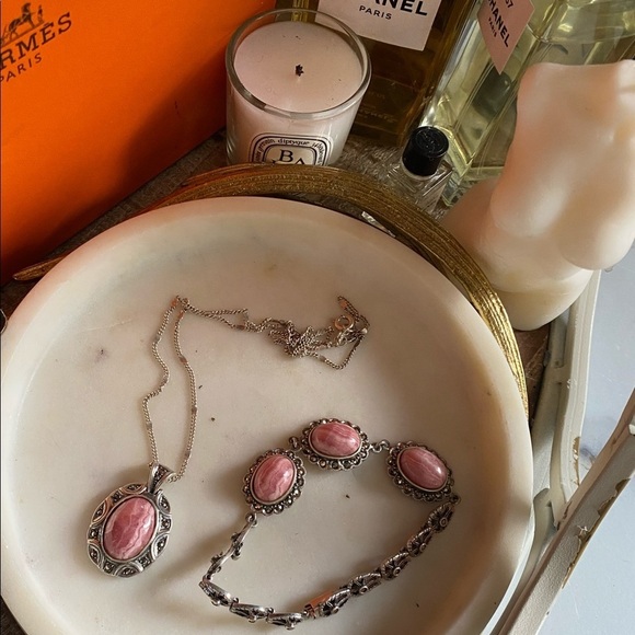 925 SS genuine Rhodochrosite pendant necklace and bracelet estate set